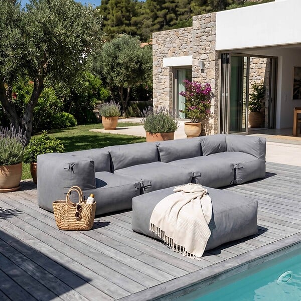 OVIALA - Canapé d'angle de jardin modulable 5 places gris - Mixi - large