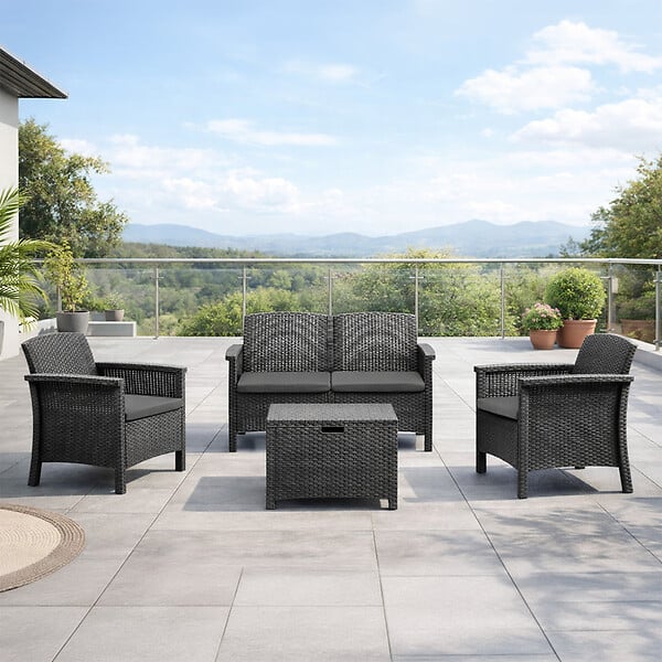 CONCEPT USINE - Salon de jardin 4 places effet résine tressée gris anthracite avec table basse MANIZA - large