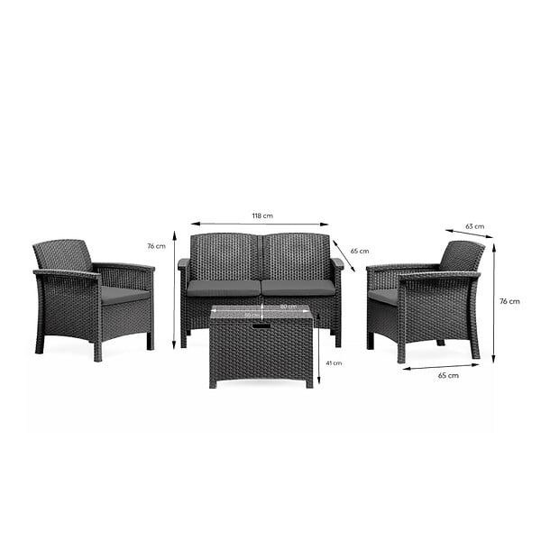 CONCEPT USINE - Salon de jardin 4 places effet résine tressée gris anthracite avec table basse MANIZA - large