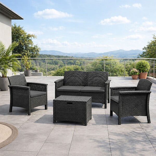 CONCEPT USINE - Salon de jardin 4 places effet résine tressée gris anthracite avec table basse MANIZA - large