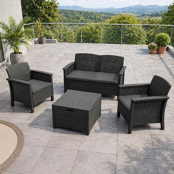 CONCEPT USINE - Salon de jardin 4 places effet résine tressée gris anthracite avec table basse MANIZA - large