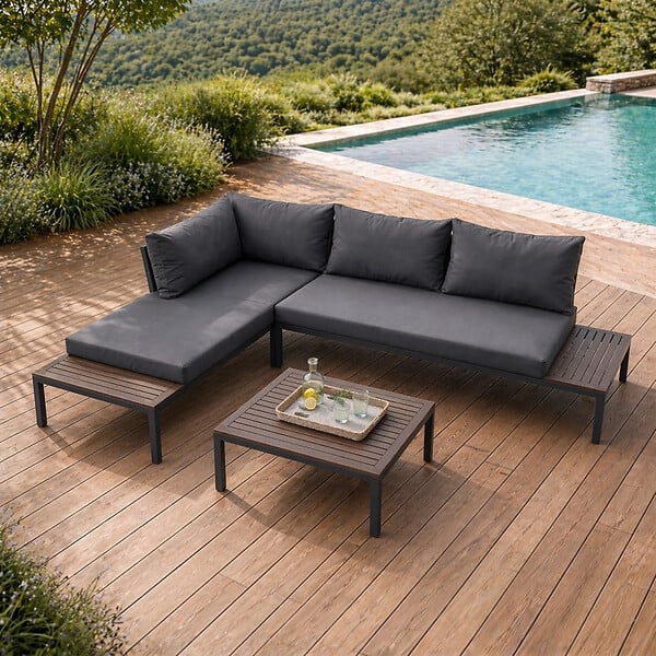 CONCEPT USINE - Salon de jardin 3-4 places avec table basse gris foncé MAJURO - large