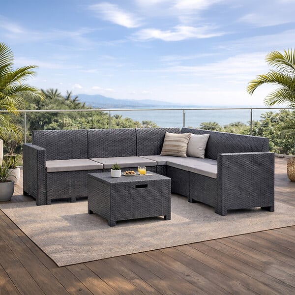 CONCEPT USINE - Salon de jardin 4-5 places effet résine tressée gris anthracite avec table basse ISPARTA - large
