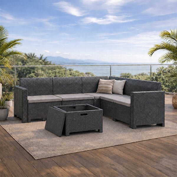 CONCEPT USINE - Salon de jardin 4-5 places effet résine tressée gris anthracite avec table basse ISPARTA - large
