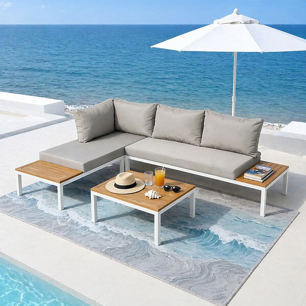 CONCEPT USINE - Salon de jardin 3-4 places avec table basse blanc et gris MAJURO - large