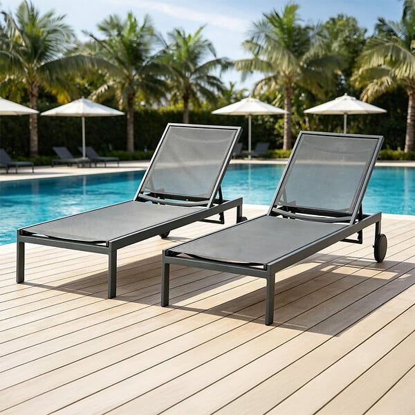 CONCEPT USINE - Lot de 2 bains de soleil inclinables gris foncé avec roues en aluminium CUBA $ - large