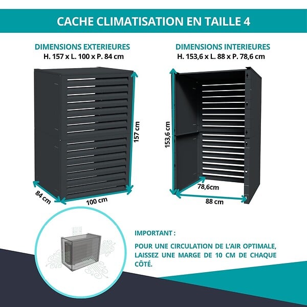 ATOLE - Cache climatiseur ATOLE en Aluminium Thermolaqué - Taille 4 : H. 157 x L. 100 x P. 84 cm - Gris anthracite - large