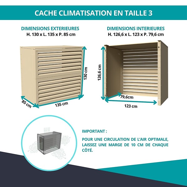 ATOLE - Cache climatiseur ATOLE en Aluminium Thermolaqué - Taille 3 : H. 130 x L. 135 x P. 85 cm - Crème - large