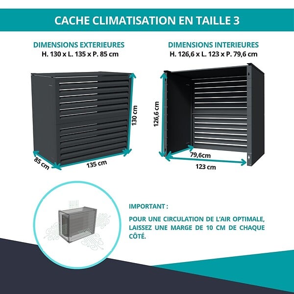 ATOLE - Cache climatiseur ATOLE en Aluminium Thermolaqué - Taille 3 : H. 130 x L. 135 x P. 85 cm - Gris anthracite - large