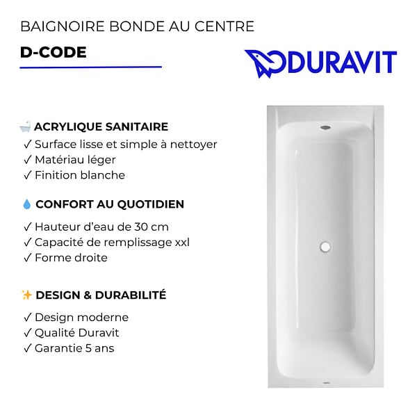 DURAVIT - Baignoire acrylique D-Code Duravit - Rectangulaire - 1800 x 800mm - Sur pieds - A encastrer - Blanc - large