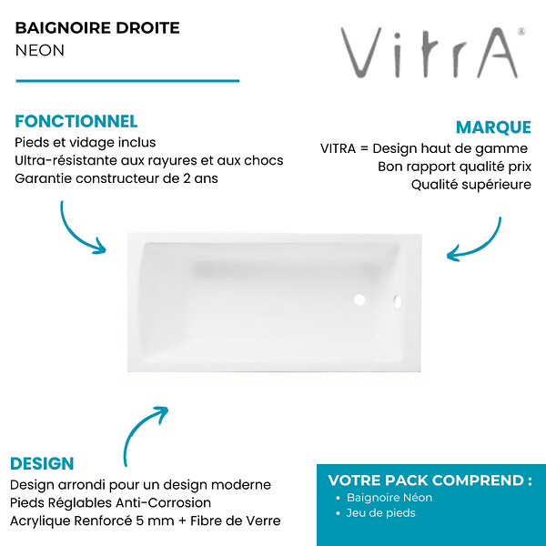 VITRA - Baignoire rectangulaire VitrA Neon avec pied 170x75cm Blanc - large