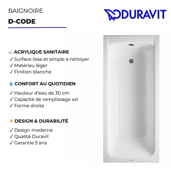 DURAVIT - Baignoire acrylique avec pieds D-Code - Dimensions : 170 x 70 cm - Couleur : BLANC - large