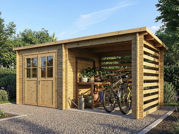 HABITAT ET JARDIN - Abri de jardin bois avec appentis "Aureval" - 11m² - 2.24 x 5.01 x 2.07 m - 28 mm - large