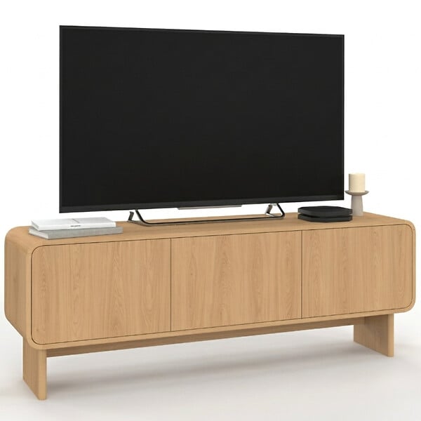 ID MARKET - Meuble TV 140 cm CAPUCINE 3 portes façon hêtre design arrondi - large