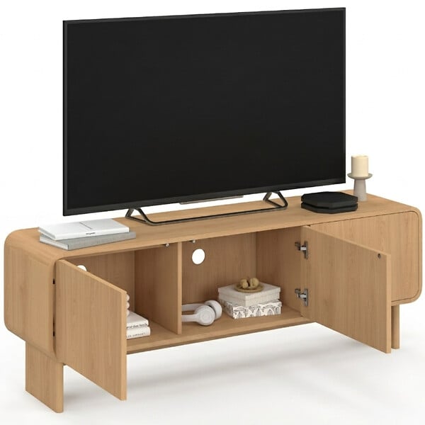 ID MARKET - Meuble TV 140 cm CAPUCINE 3 portes façon hêtre design arrondi - large