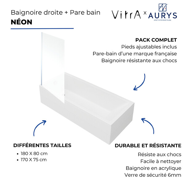 VITRA - Baignoire rectangulaire VitrA Neon 170x75cm + Pare bain gauche AURYS Mist 1 chromé profilé gauche - large