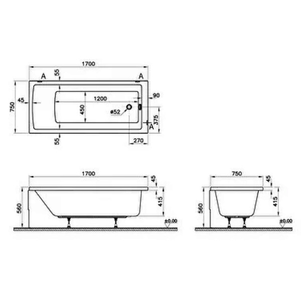VITRA - Baignoire rectangulaire VitrA Neon 170x75cm + Pare bain gauche AURYS Mist 1 chromé profilé gauche - large