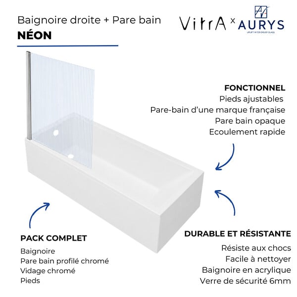 VITRA - Baignoire rectangulaire VitrA Neon 170x75cm + Pare bain droit AURYS Raywall chromé profilé droite - large