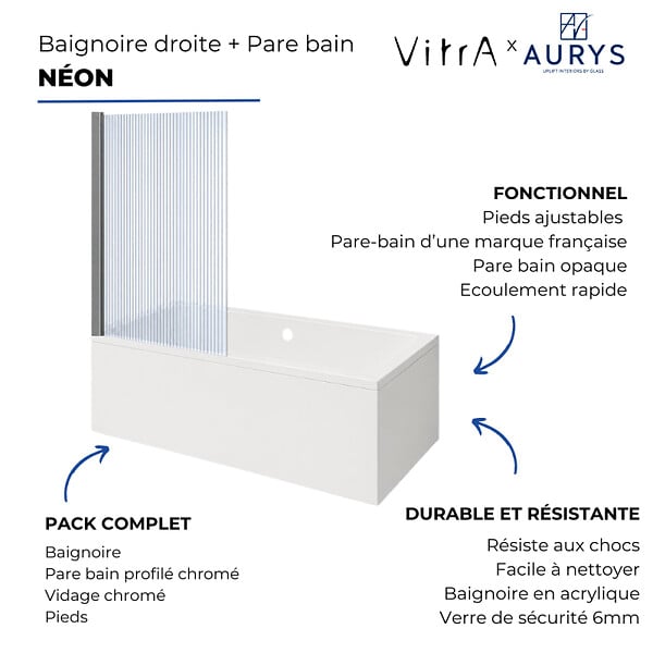VITRA - Baignoire rectangulaire VitrA Neon 180x80cm + Pare bain gauche AURYS Raywall chromé profilé gauche - large