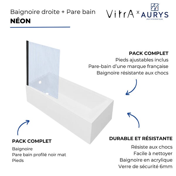 VITRA - Baignoire rectangulaire VitrA Neon 170x75cm + Pare bain gauche AURYS Raywall noir mat profilé gauche - large