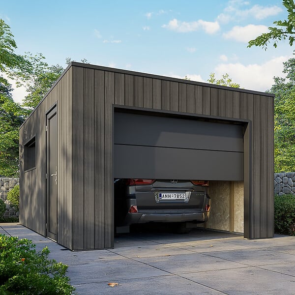 DIRECT-ABRIS - Garage Composite SILVERSTONE - Bardage Couleur Ardoise - Surface : 20m2 - Porte Sectionnelle Motorisée - 2 télécommandes - Double Vitrage - large