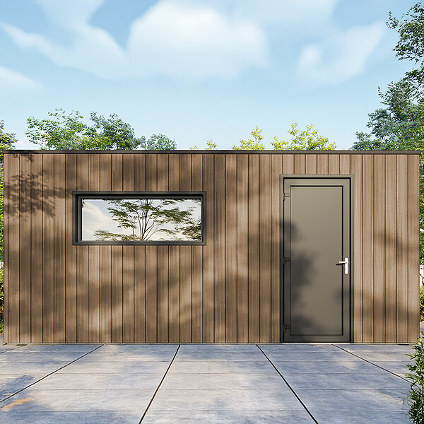 DIRECT-ABRIS - Garage Composite SILVERSTONE - Bardage Couleur Teck / Teak - Surface : 20m2 - Porte Sectionnelle Motorisée - 2 télécommandes - Double Vitrage - large
