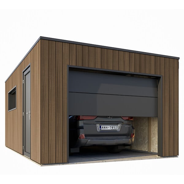 DIRECT-ABRIS - Garage Composite SILVERSTONE - Bardage Couleur Teck / Teak - Surface : 20m2 - Porte Sectionnelle Motorisée - 2 télécommandes - Double Vitrage - large