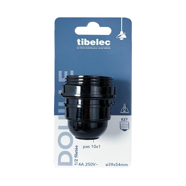 TIBELEC - Douille E27 isolée bakélite - Noir - 1/2 filetée bague 48mm - large