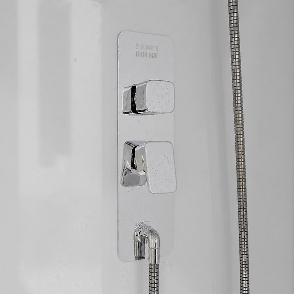 AURLANE - Cabine de Douche 1/4 de cercle 90x90x200/230cm Effet Bois et Fonds Blancs - Receveur Bas - large