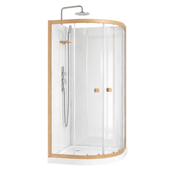 AURLANE - Cabine de Douche 1/4 de cercle 90x90x200/230cm Effet Bois et Fonds Blancs - Receveur Bas - large
