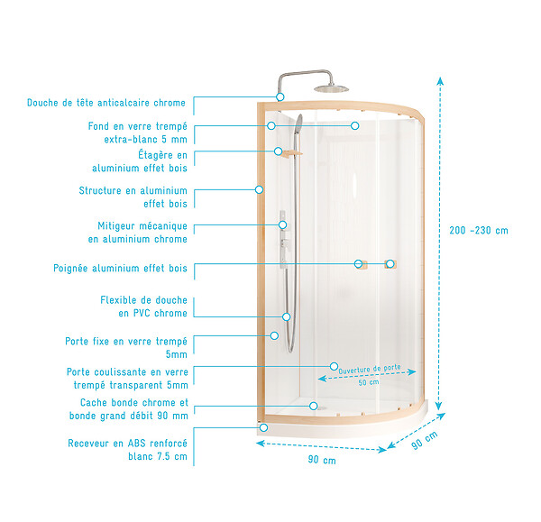 AURLANE - Cabine de Douche 1/4 de cercle 90x90x200/230cm Effet Bois et Fonds Blancs - Receveur Bas - large