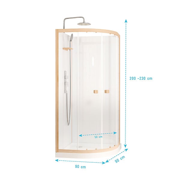 AURLANE - Cabine de Douche 1/4 de cercle 90x90x200/230cm Effet Bois et Fonds Blancs - Receveur Bas - large