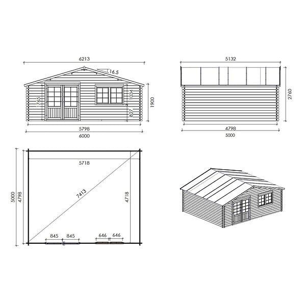 ALTANKA - Abri de jardin en bois - 30m2 - 6x5m - Ep. 40mm - Couleur: naturel - DOM748 - large