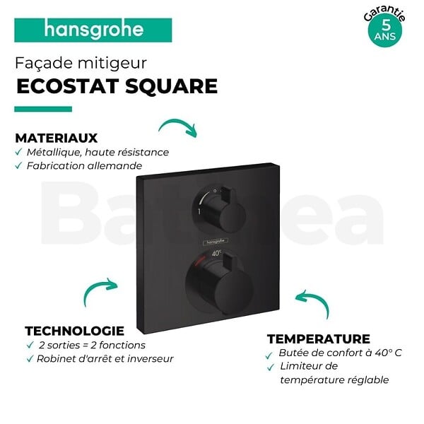 HANSGROHE - Facade pour mitigeur thermostatique encastré Ecostat Square robinet d'arrêt et inverseur noir mat + Corps encastré - large