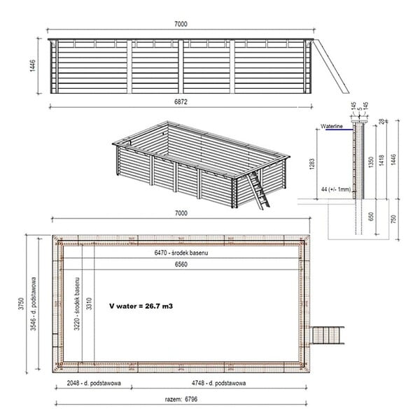ALTANKA - Piscine hors sol en bois AQUA 7 x 3.75 - H.1.45 m, gris clair, fixations à sceller - BAS7308OSPI2 - large