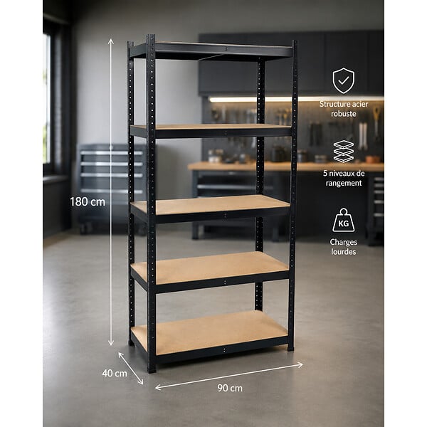INTEC - Etagère de Rangement Noire 90 x 40cm x H180cm - Rayonnage Métal Haute qualité 5 Plateaux Charges lourdes 1500kg INTEC - large