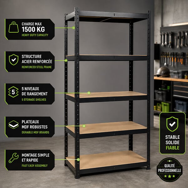 INTEC - Etagère de Rangement Noire 90 x 40cm x H180cm - Rayonnage Métal Haute qualité 5 Plateaux Charges lourdes 1500kg INTEC - large