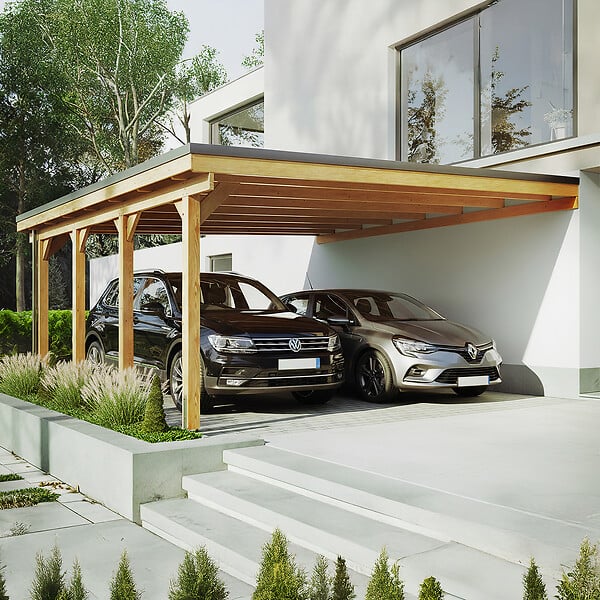 DIRECT-ABRIS - Carport Adosse Bois RIVERSIDE - 2 Voitures - 548 x 550 - Abris Voiture - Feutre Bitumeux sur les Voliges - Bandeau de Finition - Toit Plat - large