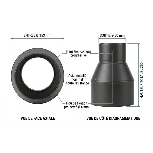 TEN - Réduction TEN 345560 noir mat D153x80mm pour pellets - large