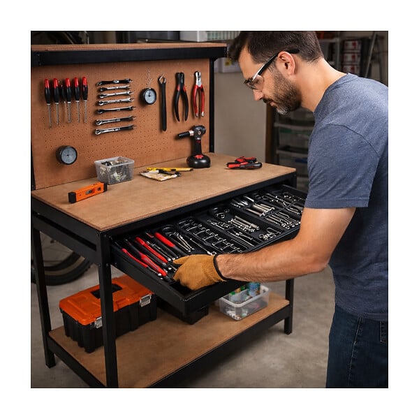 PROWELTEK - Etabli d'atelier Panneau porte outils perforé 120x60 xH150cm Etagère + Grand Tiroir de rangement PROWELTEK - large