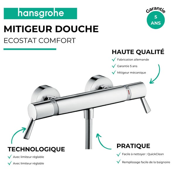 HANSGROHE - Mitigeur douche thermostatique Ecostat Comfort Care chromé + nettoyant Briochin - large