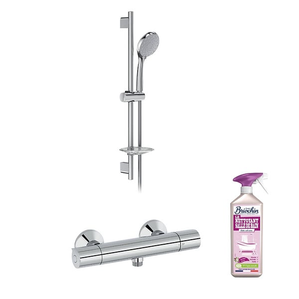 JACOB DELAFON - Mitigeur de douche thermostatique Simone + barre + pommeau de douche + nettoyant - large