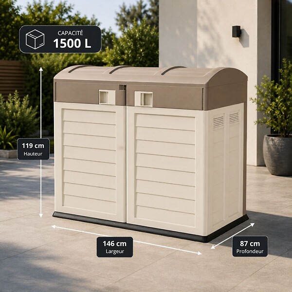INTEC - Rangement Poubelle 1500L - Cache Poubelle de Tri Polypropylène Ecru Taupe - Coffre de jardin Verrouillable par Cadenas - large