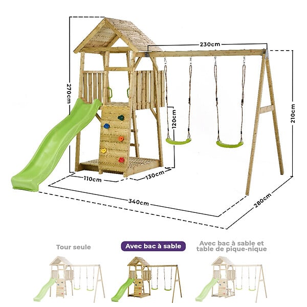 KANGUI - Aire de jeux bois, 2 balançoires, toboggan, escalade, bac à sable, table WOODI - large