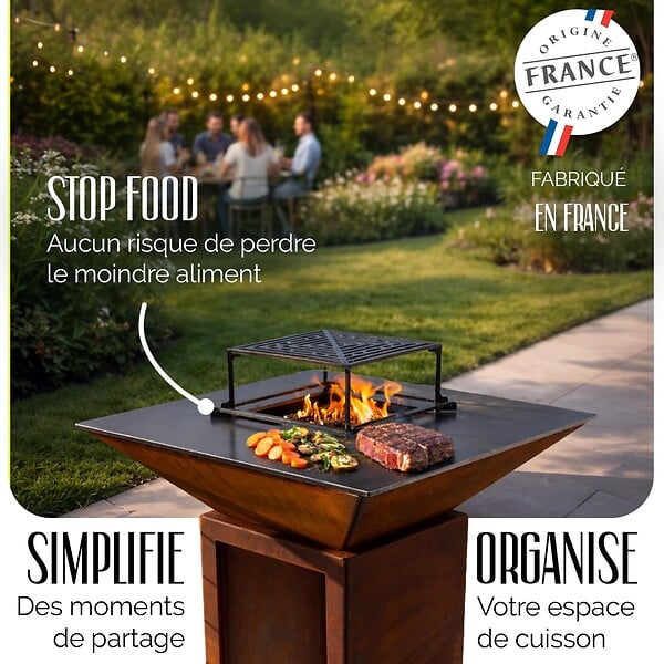 GRILL'CHIC - GRILL'CHIC - Pack Privilège Brasero Cévenol Corten Bois Carré - Simple Cuve - Avec Bâche + Grille + Stop Food Inclus - À Assembler - Fabriqué en France - 74 L x 74 P x 89 H cm - large