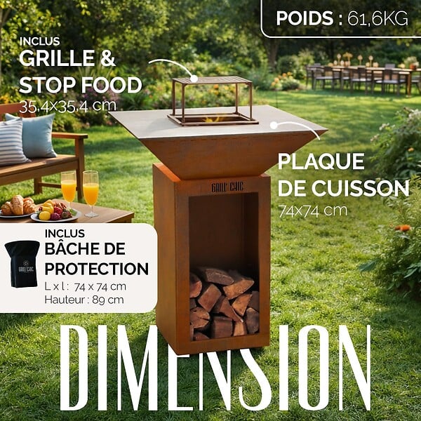 GRILL'CHIC - GRILL'CHIC - Pack Privilège Brasero Cévenol Corten Bois Carré - Simple Cuve - Avec Bâche + Grille + Stop Food Inclus - À Assembler - Fabriqué en France - 74 L x 74 P x 89 H cm - large