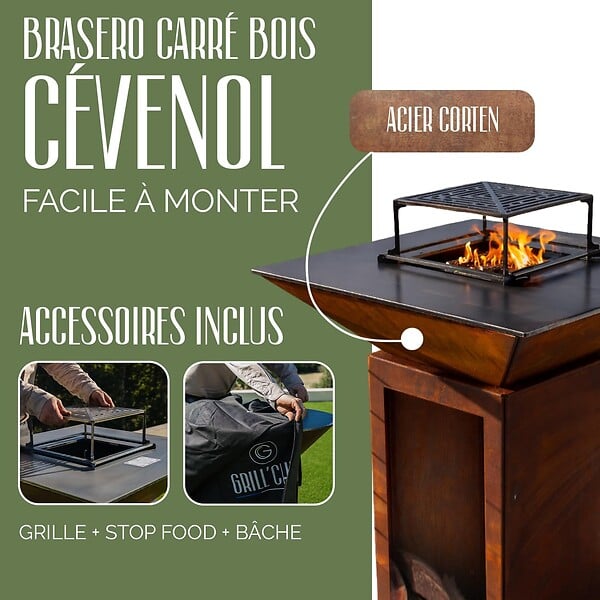 GRILL'CHIC - GRILL'CHIC - Pack Privilège Brasero Cévenol Corten Bois Carré - Simple Cuve - Avec Bâche + Grille + Stop Food Inclus - À Assembler - Fabriqué en France - 74 L x 74 P x 89 H cm - large