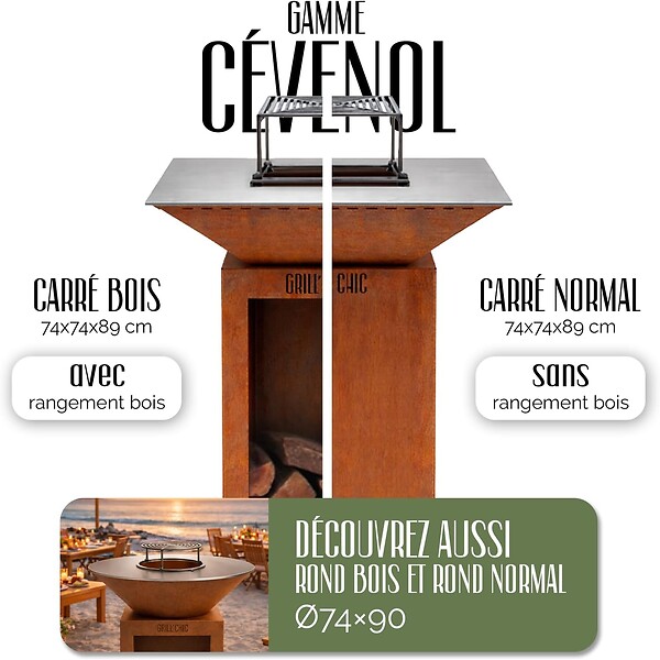 GRILL'CHIC - GRILL'CHIC - Pack Privilège Brasero Cévenol Corten Bois Carré - Simple Cuve - Avec Bâche + Grille + Stop Food Inclus - À Assembler - Fabriqué en France - 74 L x 74 P x 89 H cm - large