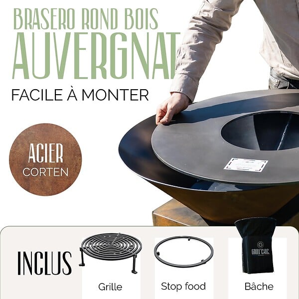 GRILL'CHIC - GRILL'CHIC - Pack Privilège Brasero Auvergnat Corten Bois Rond - Simple Cuve - Avec Bâche + Grille + Stop Food Inclus - À Assembler - Fabriqué en France - Ø60 x 78 cm - large