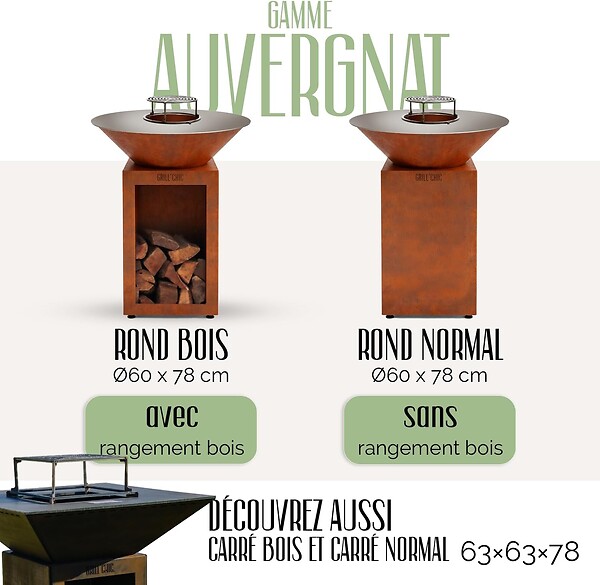 GRILL'CHIC - GRILL'CHIC - Pack Privilège Brasero Auvergnat Corten Bois Rond - Simple Cuve - Avec Bâche + Grille + Stop Food Inclus - À Assembler - Fabriqué en France - Ø60 x 78 cm - large